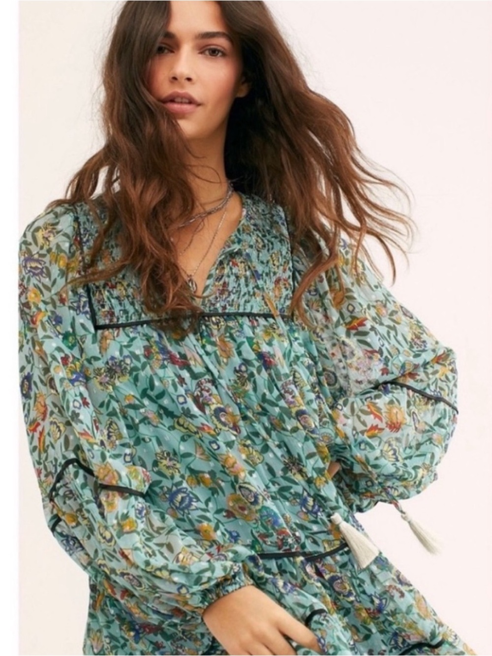 NWT Free People Floral Tiered Ruffled Swing Tunic Top Mini Dress Turquoise L - Picture 2 of 8